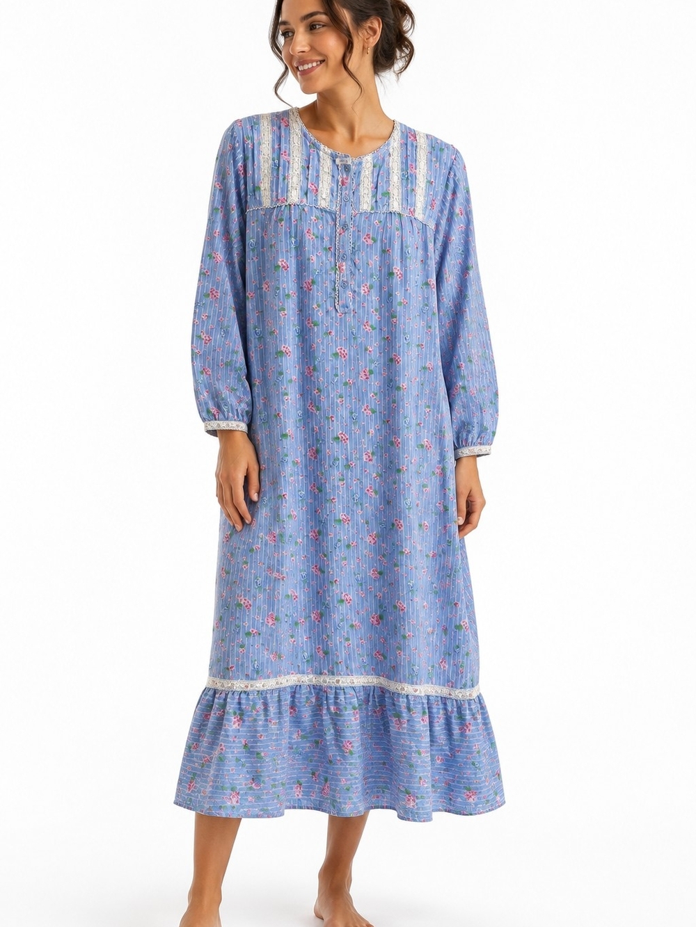 Vintage Ashley Taylor Blue and Pink Floral Long Sleeve Nightgown